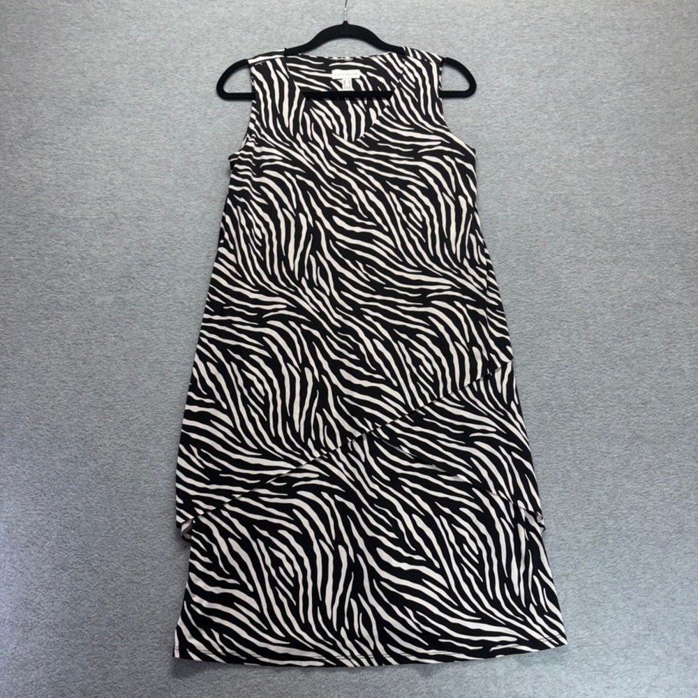 Susan Graver Dress Womens XS Black Zebra Print V-Neck Liquid Knit Tiered